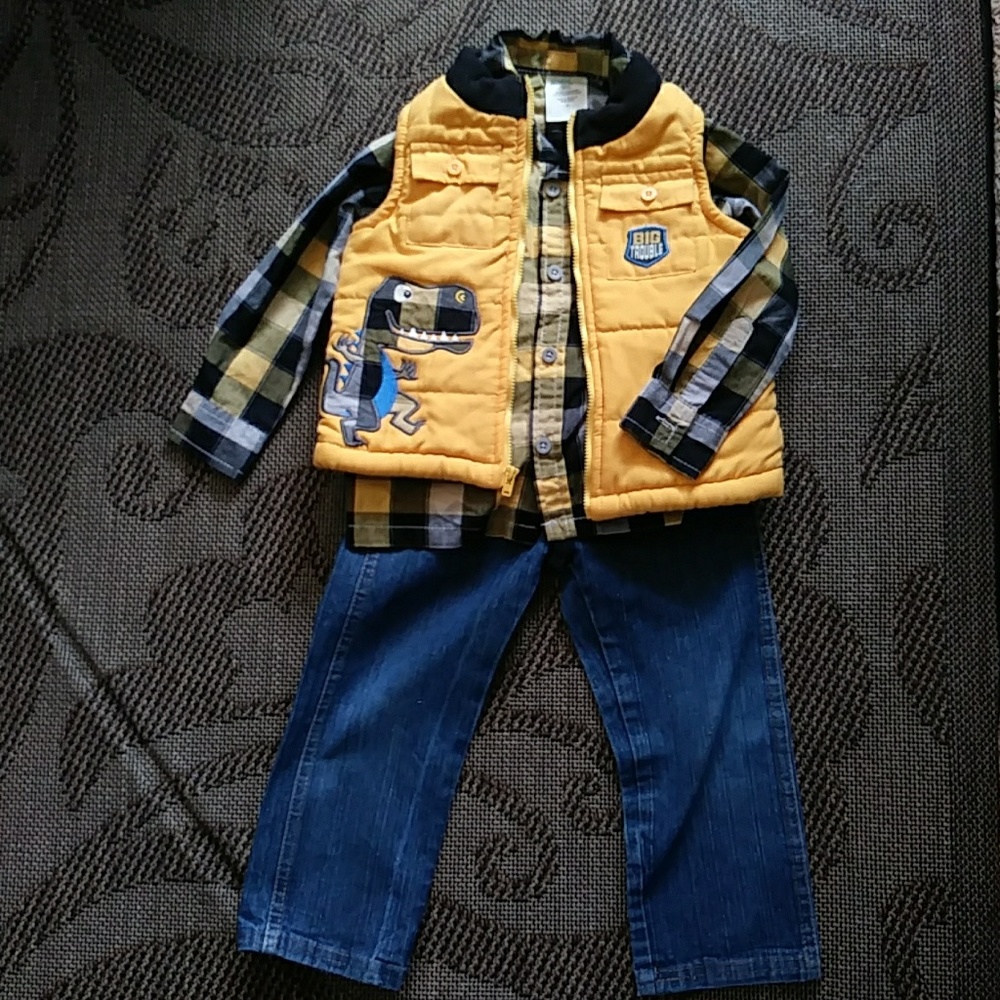 Toddler Dino Puffy Vest+button down+Jeans Set